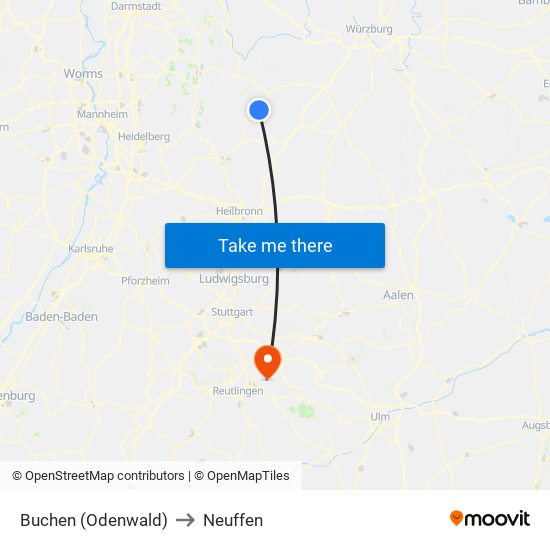 Buchen (Odenwald) to Neuffen map