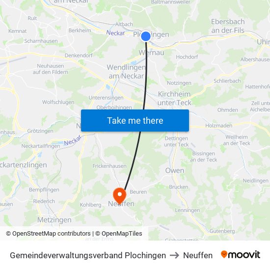 Gemeindeverwaltungsverband Plochingen to Neuffen map