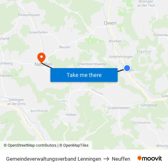 Gemeindeverwaltungsverband Lenningen to Neuffen map