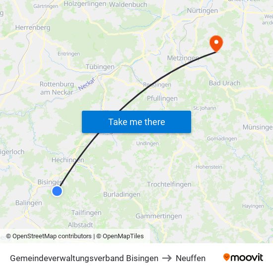 Gemeindeverwaltungsverband Bisingen to Neuffen map