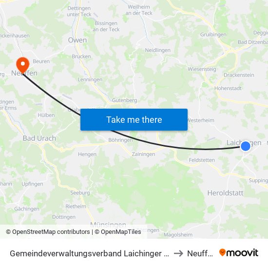 Gemeindeverwaltungsverband Laichinger Alb to Neuffen map