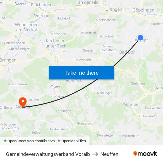 Gemeindeverwaltungsverband Voralb to Neuffen map