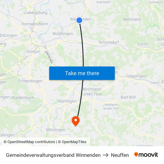 Gemeindeverwaltungsverband Winnenden to Neuffen map