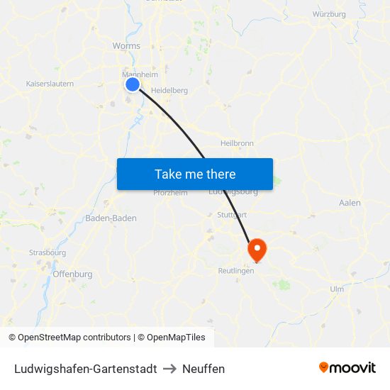 Ludwigshafen-Gartenstadt to Neuffen map