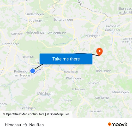 Hirschau to Neuffen map