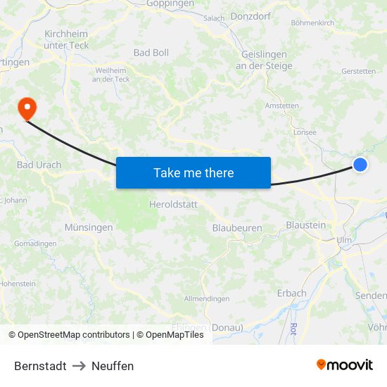 Bernstadt to Neuffen map