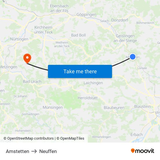 Amstetten to Neuffen map