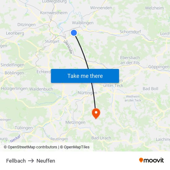 Fellbach to Neuffen map
