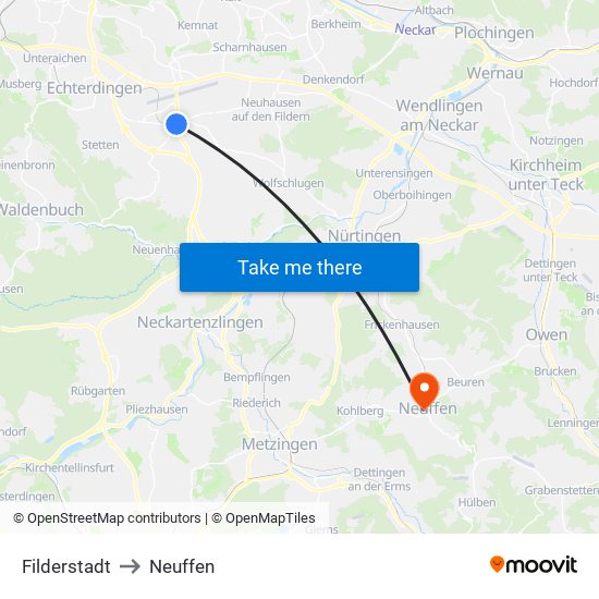 Filderstadt to Neuffen map