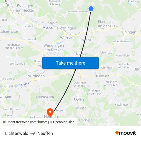 Lichtenwald to Neuffen map