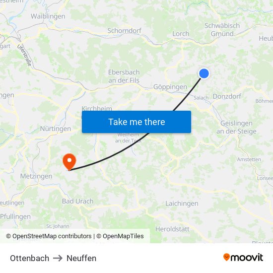 Ottenbach to Neuffen map