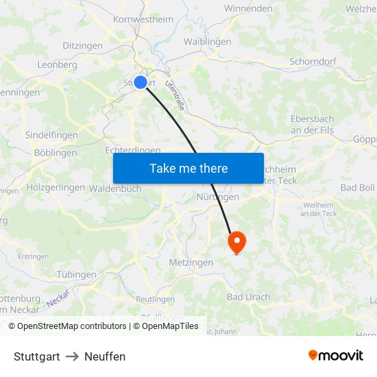 Stuttgart to Neuffen map