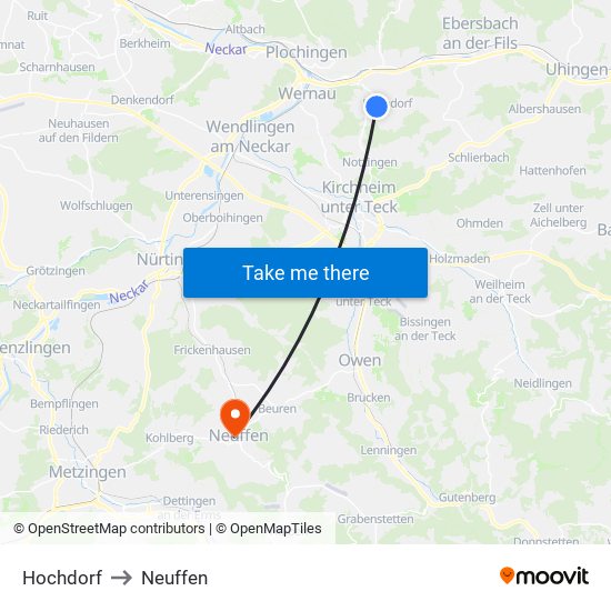 Hochdorf to Neuffen map