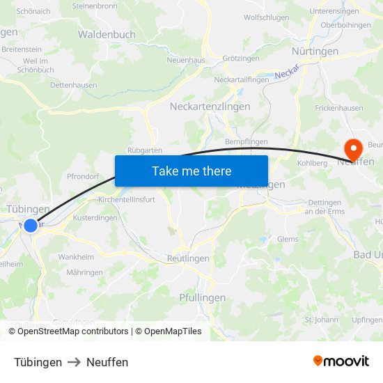 Tübingen to Neuffen map