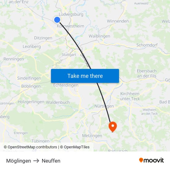 Möglingen to Neuffen map