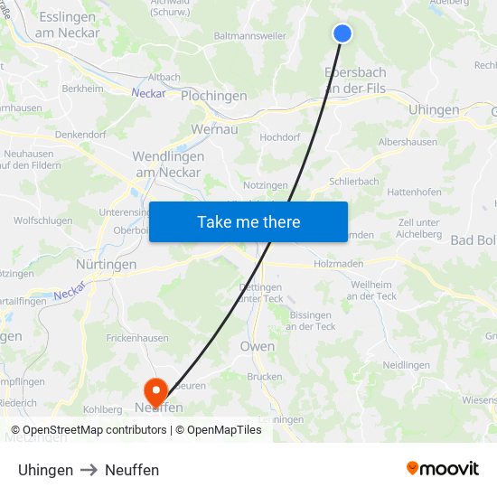 Uhingen to Neuffen map