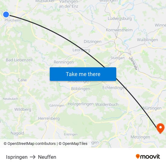 Ispringen to Neuffen map