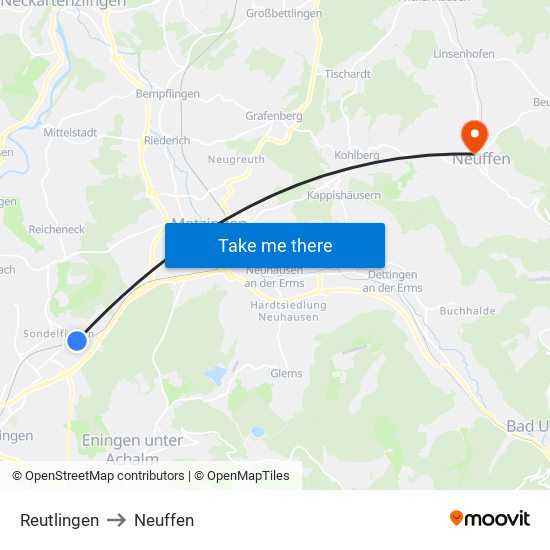 Reutlingen to Neuffen map