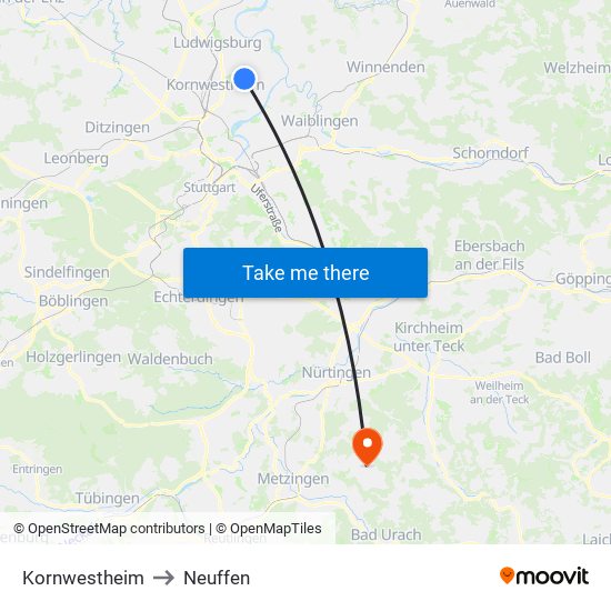 Kornwestheim to Neuffen map