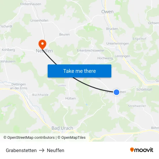 Grabenstetten to Neuffen map