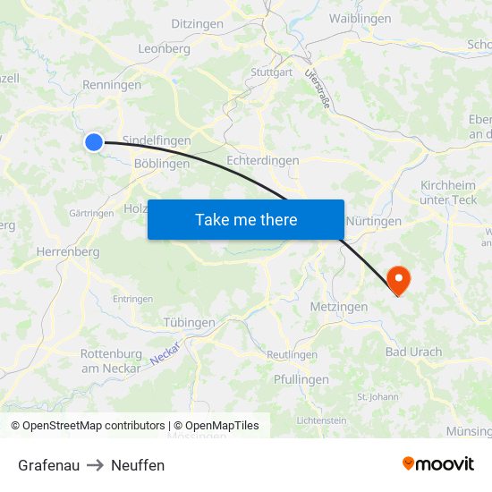 Grafenau to Neuffen map
