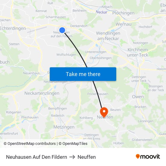 Neuhausen Auf Den Fildern to Neuffen map