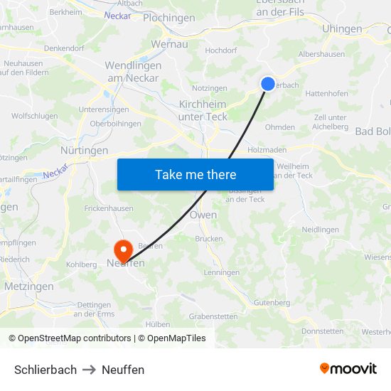 Schlierbach to Neuffen map