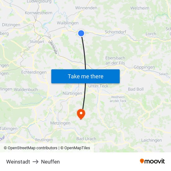 Weinstadt to Neuffen map