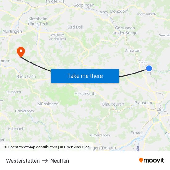 Westerstetten to Neuffen map