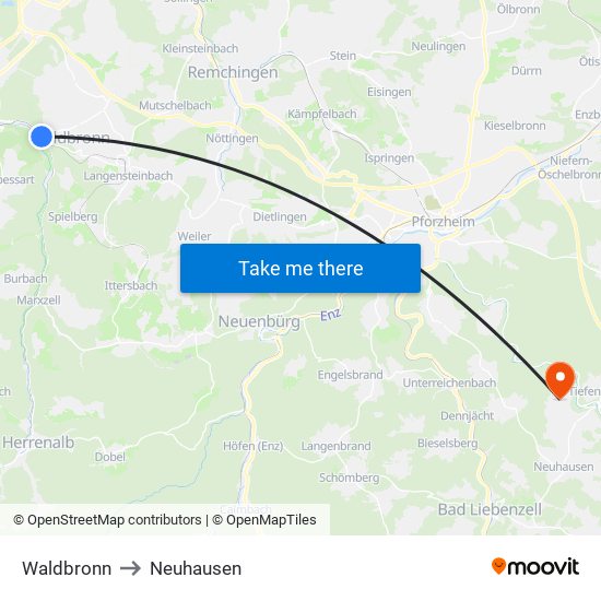 Waldbronn to Neuhausen map