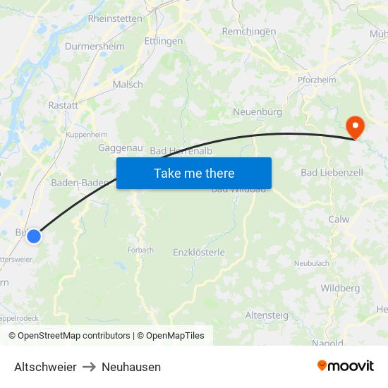 Altschweier to Neuhausen map