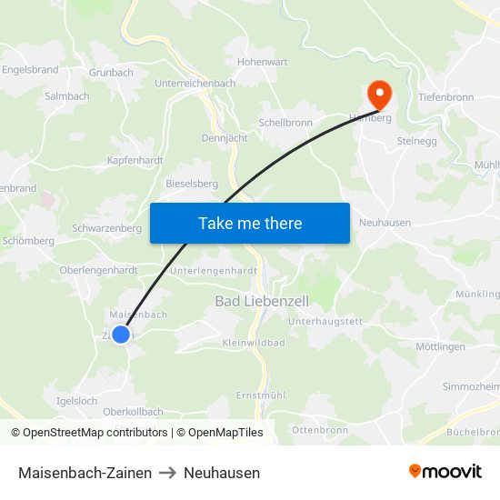 Maisenbach-Zainen to Neuhausen map