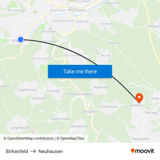 Birkenfeld to Neuhausen map