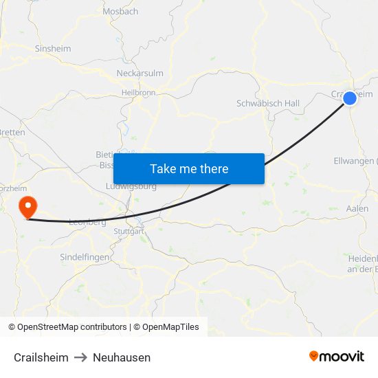 Crailsheim to Neuhausen map