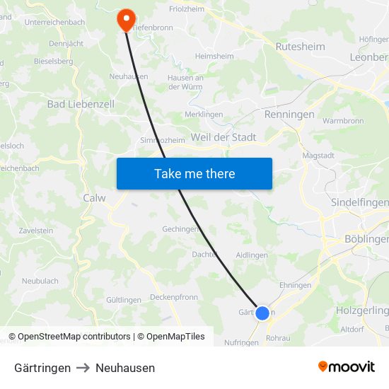 Gärtringen to Neuhausen map