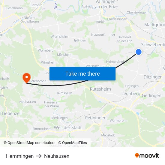 Hemmingen to Neuhausen map