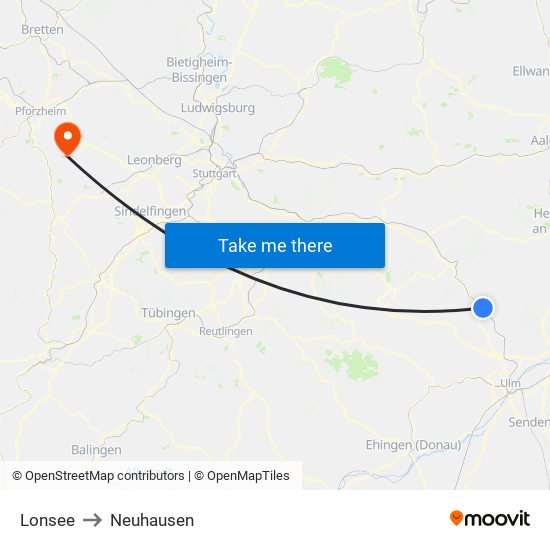 Lonsee to Neuhausen map