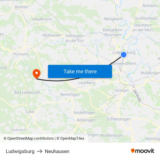 Ludwigsburg to Neuhausen map