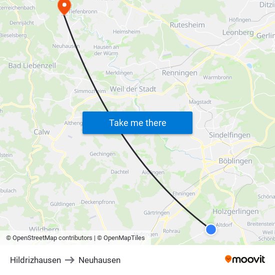 Hildrizhausen to Neuhausen map