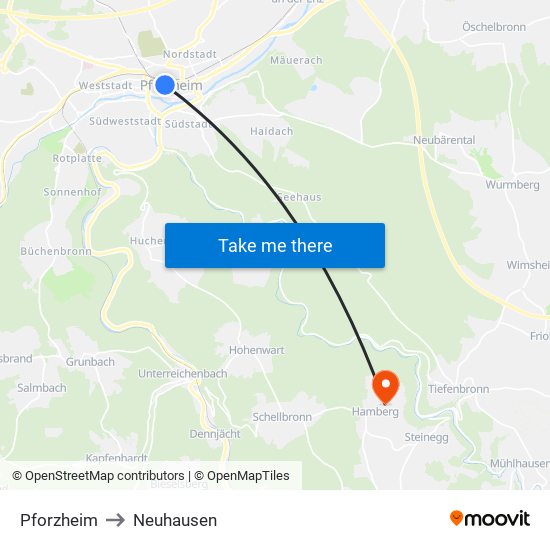 Pforzheim to Neuhausen map