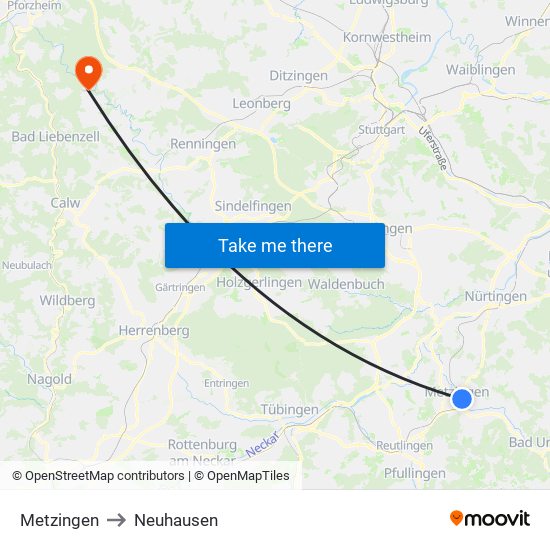 Metzingen to Neuhausen map