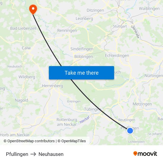 Pfullingen to Neuhausen map