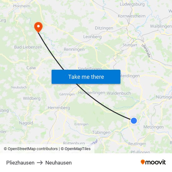 Pliezhausen to Neuhausen map