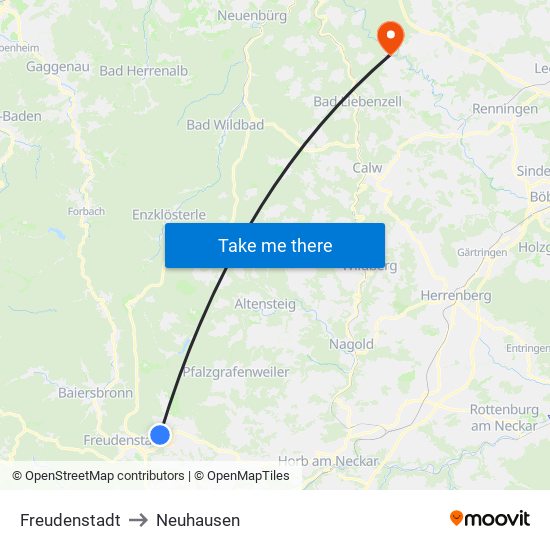 Freudenstadt to Neuhausen map