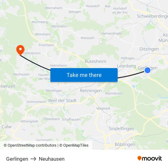 Gerlingen to Neuhausen map