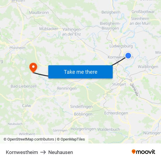 Kornwestheim to Neuhausen map