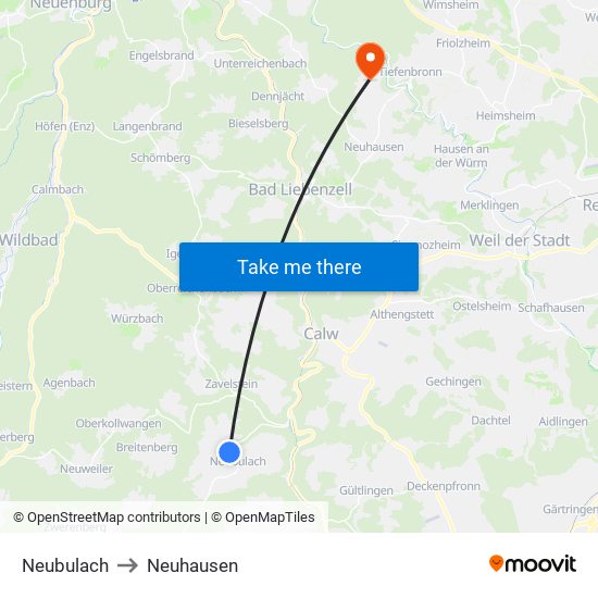 Neubulach to Neuhausen map