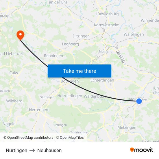 Nürtingen to Neuhausen map