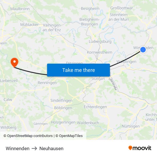 Winnenden to Neuhausen map