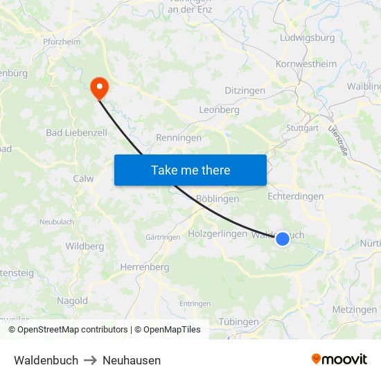 Waldenbuch to Neuhausen map